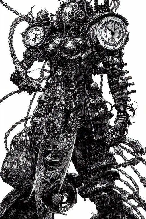 Image similar to a vertical portrait of a character in a scenic environment by Yoshitaka Amano and Nihei Tsutomu, black and white, dreamy, steampunk armor, highly detailed