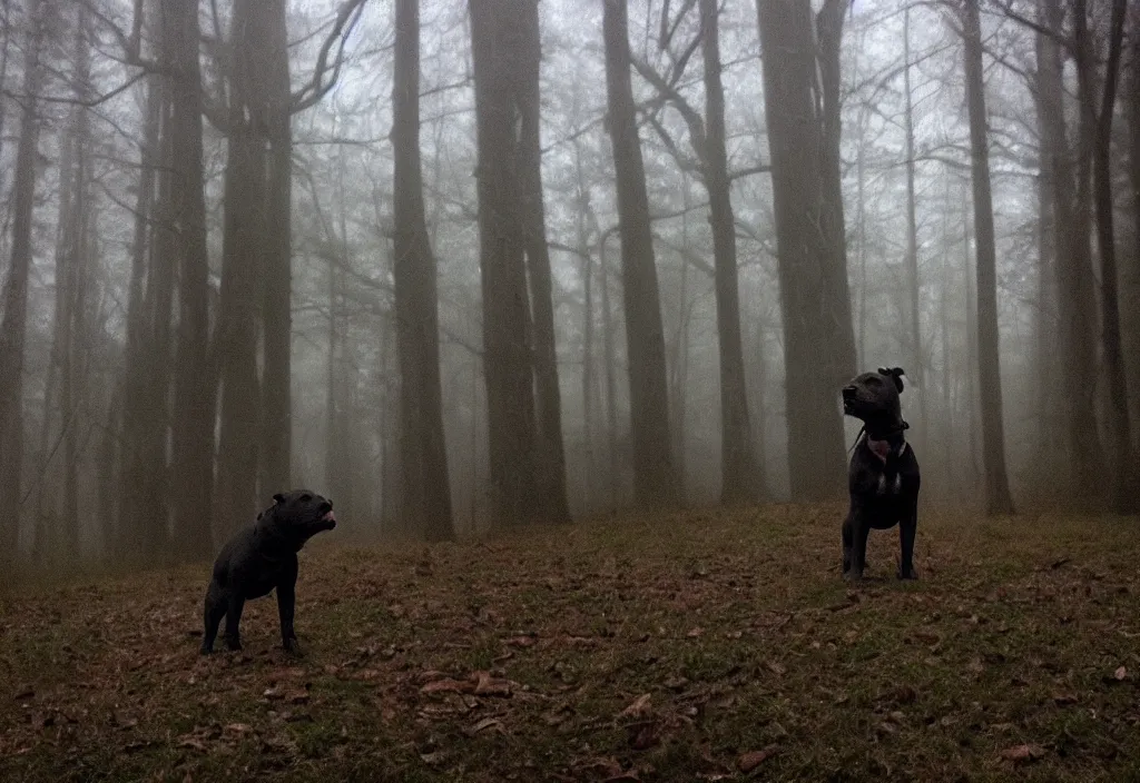 Image similar to low quality iphone photo of a cute pitbull standing ominously deep in the foggy woods with a demonic smile in his face, low visibility, grainy, creepy