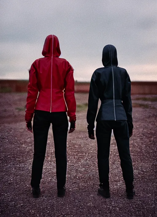 Image similar to cinestill 5 0 d photographic portrait of two clones standing in front of a brutalist metal building, techwear women on a desolate plain, red sky, closeup, depth of field, 4 k, 8 k, hd, full color