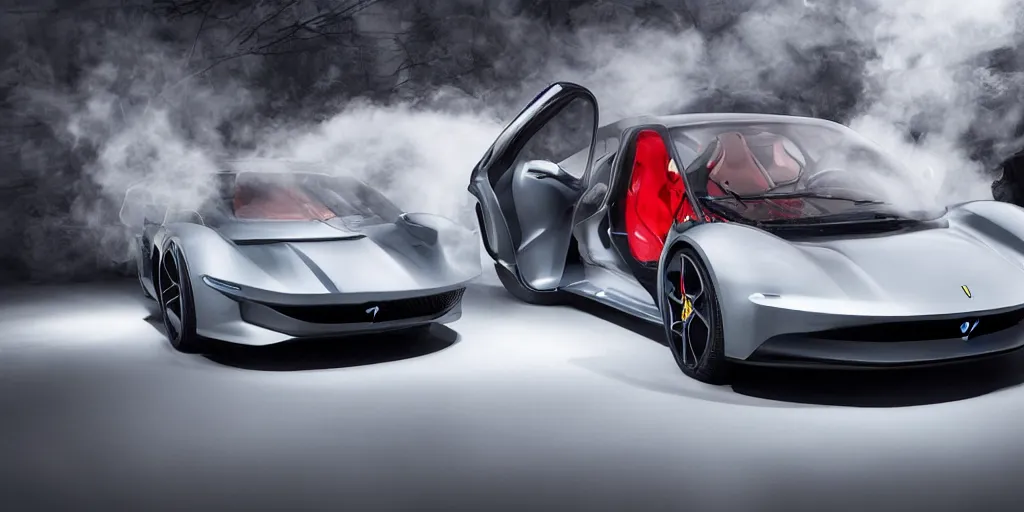 Image similar to a electric sport car designed by ferrari, outdoor magazine, ambient light, fog