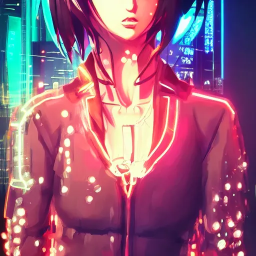 Image similar to full round symmetrical face!, digital cyberpunk anime!!, shattered cyborg body, girl in the style of arcane!!!, lightning, raining!!, water refractions!!, black long hair!, biomechanical details, neon background lighting, reflections, wlop, ilya kuvshinov, artgerm