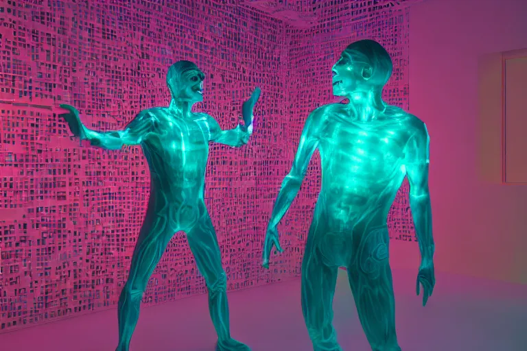 Image similar to full body, alan turing wrestling with agent smith, sculpture by auguste rodin, multicolored glowing tubes, glowing digital eyes, 8 k, front shot, symetrical, flourescent colors, halluzinogenic, multicolored, insanely detailed, 3 d render, octane