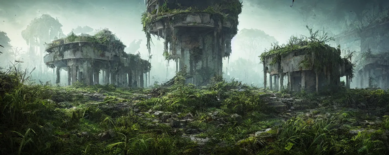 Image similar to concept art of an abandoned ruined city overgrown with nature by filip hodas, 3d render, hyper realistic, unreal engine, atmospheric, detailed