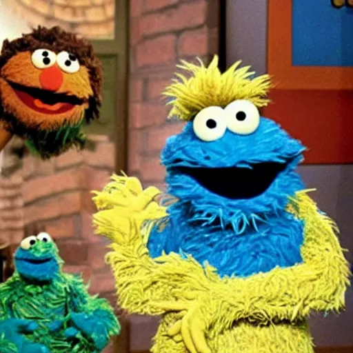 Image similar to Cookie Monster Muppet on Sesame Street smoking weed