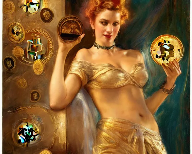 Image similar to attractive woman holding a golden bitcoin, commercial by annie liebovitz, gaston bussiere, craig mullins, j. c. leyendecker