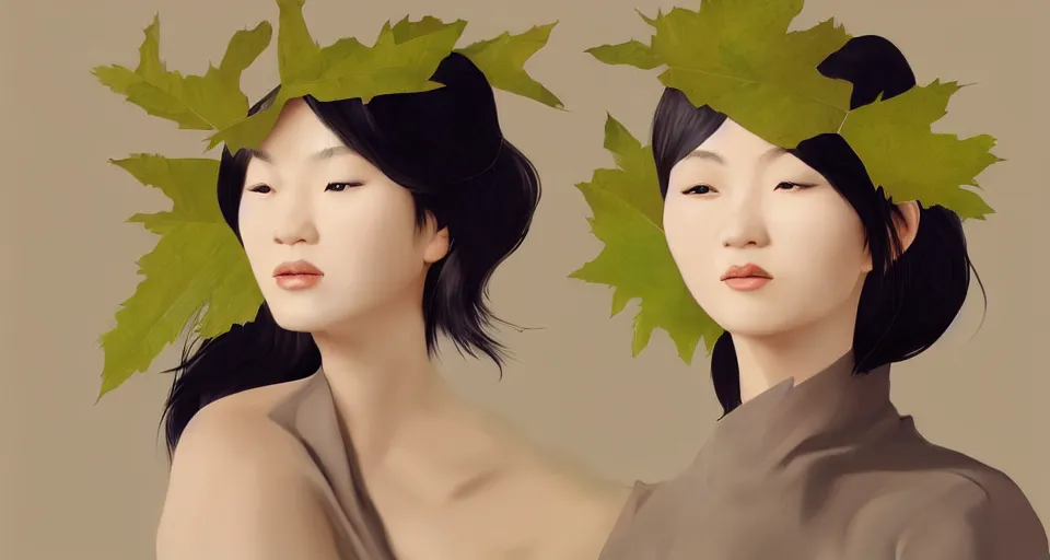 Image similar to asian female wearing leaf costume, contrast lightning, rough dark background, art by dannylailai, by hsiao ron cheng