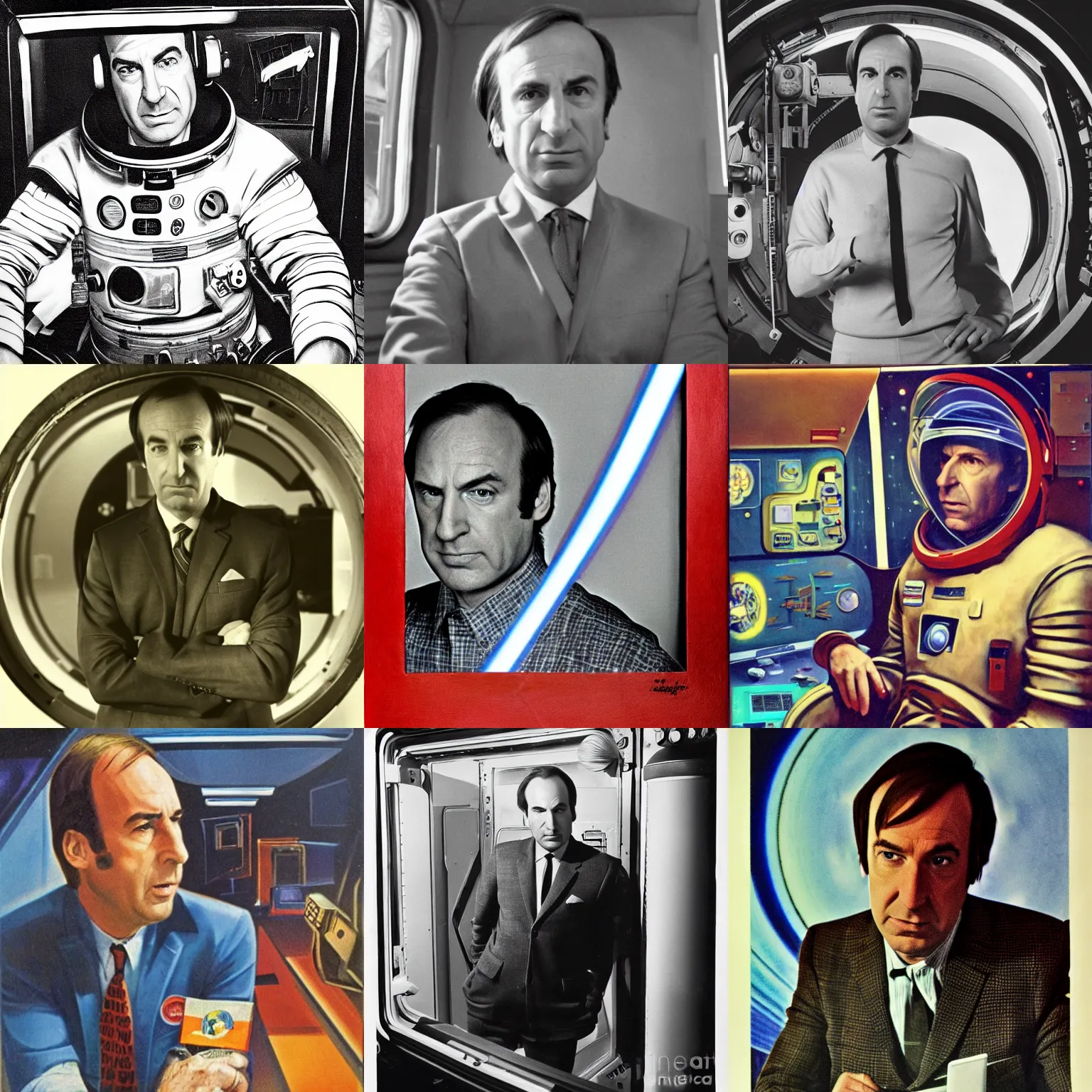 Prompt: Saul Goodman in the space station, portrait, 1965 photo