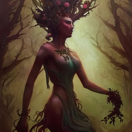 Prompt: full body portrait of a beautiful forest goddess, by pete mohrbacher and greg rutkowski