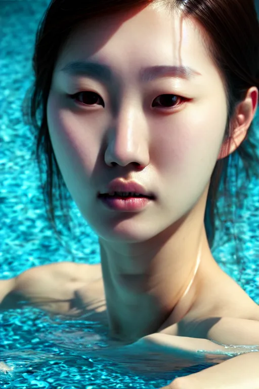 Prompt: beautiful half body portrait of hoyeon jung, face emerging from pool of water with high detail, 8 k, stunning detail, photo by artgerm, greg rutkowski and alphonse mucha, unreal engine 5, 4 k uhd