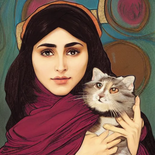 Prompt: cute emo moroccan woman, with long dark hair, thick eyebrows!!! dark eyes and dark circles!, wide nose!!!, big eyes, oval face shape, big cheeks!, she is holding a cat in her arms, by juan villafuerte, greg rutkowski and alphonse mucha, pexels contest winner, high quality photo, hd rtx