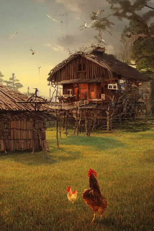 Prompt: an awesome twilight day concept art of old hut with chicken legs, by kengo kuma and wes anderson with village, mixed development, cgsociety, fantastic realism, artstation hq