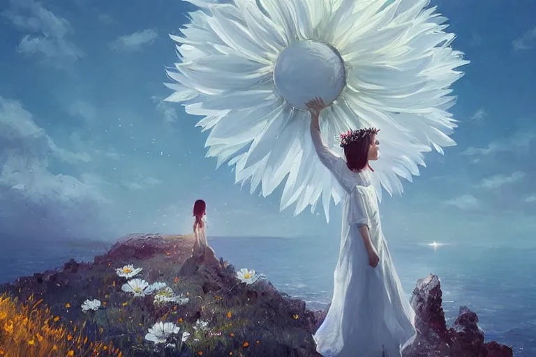 Prompt: huge white daisy flower as a crown, girl standing on cliff, surreal photography, solar eclipse, stars, dramatic light, impressionist painting, clouds, digital painting, artstation, james gilleard, liam wong, jeremy mann, simon stalenhag