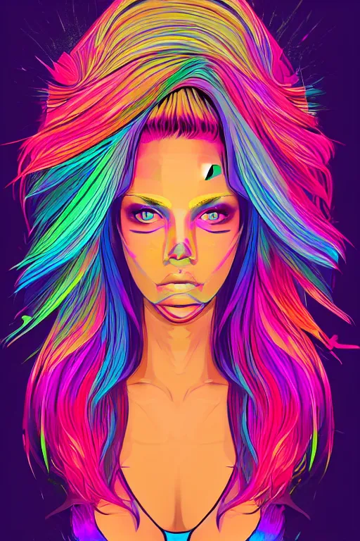 Image similar to a award winning half body portrait of a beautiful woman with stunning eyes in a printed croptop and cargo pants with rainbow colored ombre hairstyle head in motion and hair flying by josan gonzales, outrun, vaporware, shaded flat illustration, digital art, trending on artstation, highly detailed, fine detail, intricate