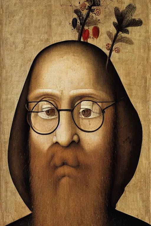 Prompt: portrait of brown-haired bearded man with glasses by hieronymos bosch
