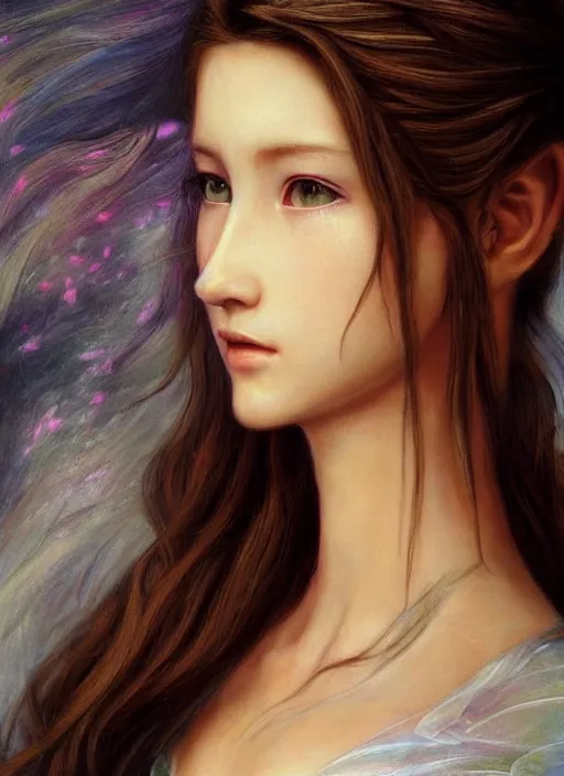 Image similar to elegant Aerith Gainsborough stares intently at the viewer in an intense way. ultra detailed painting at 16K resolution and epic visuals. epically surreally beautiful image. amazing effect, image looks crazily crisp as far as it's visual fidelity goes, absolutely outstanding. vivid clarity. ultra. iridescent. mind-breaking. mega-beautiful pencil shadowing. beautiful face. Ultra High Definition. processed twice.