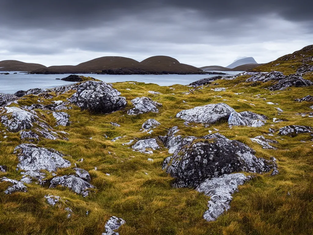 Prompt: hyper detailed photograph of a beautiful, sleek spaceship on the Isle of Harris, Scotland, photorealistic, 8K, rocky, mountains, grass, beach