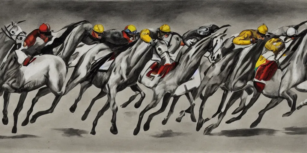 Prompt: horse race, black and white with color highlights, italian futurism style