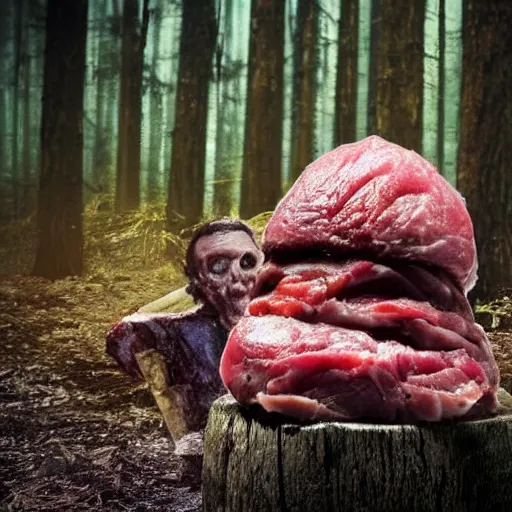 Image similar to big fat butcher with a scary face chops a piece of meat on the stump in a dark forest, old photo, scary, creepy, terrible atmosphere