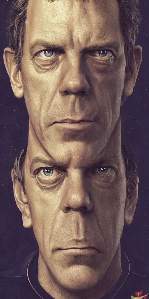 Image similar to portrait of Hugh Laurie wearing his starfleet captains uniform, close face shot, realistic character concept, high fantasy, light atmosphere, golden ratio, cinematic lighting, hyperdetailed, high resolution, insanely detailed and intricate, artstation, Marc Simonetti, Greg Rutkowski