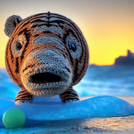 Image similar to a closeup photorealistic photograph of a cute smiling knitted tiger hippopotamus chasing a beachball at sunset. surf in the background. professional capture. this 4 k hd image is trending on artstation, featured on behance, well - rendered, extra crisp, features intricate detail, epic composition and the style of unreal engine.