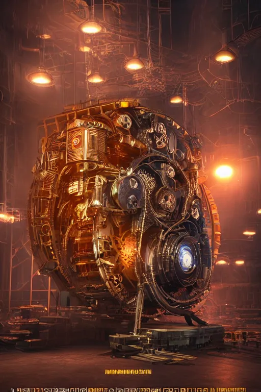 Image similar to a movie poster, movie is called tripmachine, photo of a huge futuristic steampunk generator inside a steampunk machinery, 8 k, fluorescent colors, halluzinogenic, multicolored, exaggerated detailed, 3 d render, octane