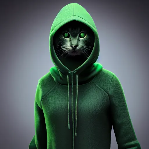 Prompt: a hacker cat, green hoodie accomplished look, dark background, shadows, portrait, fantasy, matte painting, bold shapes, hard edges, octane render, unreal engine