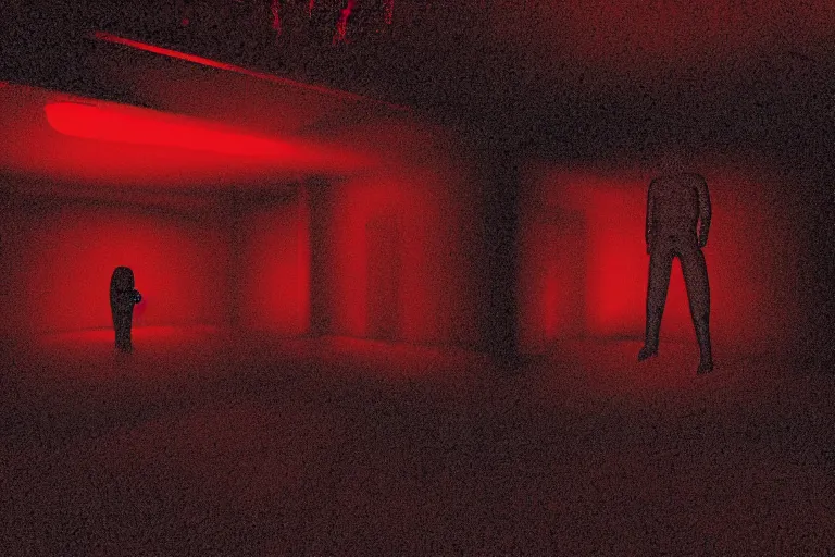 Image similar to cctv footage of an extremely dark empty room with evil horror humanoid cryptid monster made out of static, dark deep black shadows, crimson red and black color contrast in the style of trevor henderson and james ensor goya, liminal space, 3 d render, glitch effect