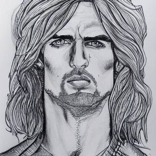 Prompt: a micron pen drawing of fabio, detailed