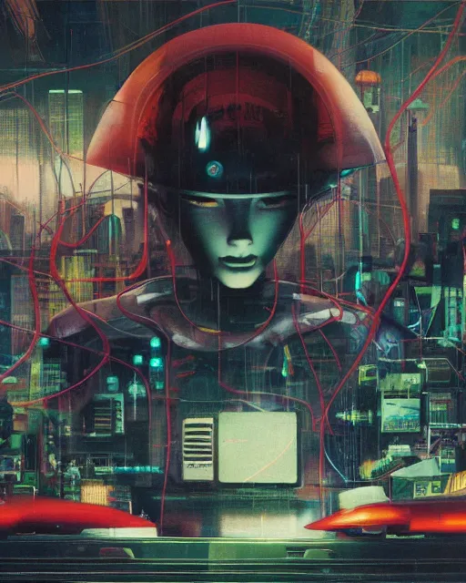 Image similar to a console of 8 0 s era technology, vintage shapes, retro technology, vintage color. ghost in the shell style by wayne barlow, oil on canvas, deep depth of field, masterpiece, cinematic composition, hyperdetailed