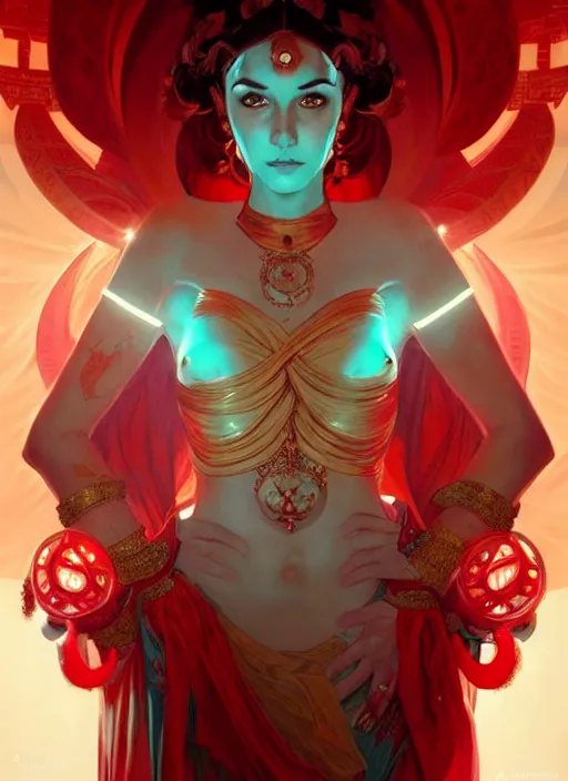 Image similar to the goddess hera looking angry, paper dress, volumetric lights, red and cyan theme, futuristic, intricate, highly detailed, digital painting, artstation, concept art, smooth, sharp focus, symmetric face, illustration, art by artgerm and greg rutkowski and alphonse mucha