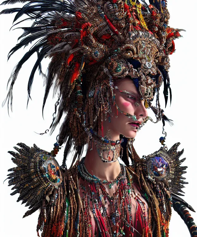 Prompt: a demon wearing beaded necklace and a feathered headdress, crisp 8 k line art, digital painting, artstation, unreal engine, octane render, emissive lighting, concept art, matte, sharp focus, hyper realistic lighting, illustration, art by junto ito and takato yamamoto and philippe druillet