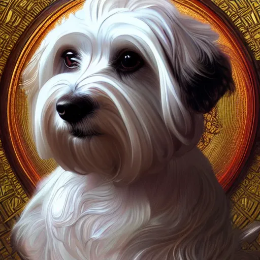 Image similar to beautiful detailed picture of a havanese dog, radiant light, art nouveau, intricate, elegant, highly detailed, my rendition, digital painting, artstation, concept art, smooth, sharp focus, illustration, art by artgerm and greg rutkowski and alphonse mucha