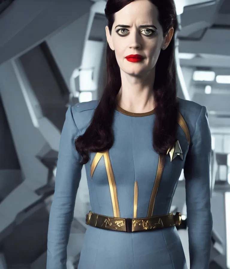 Image similar to a full body photograph of 3 0 year old eva green as a star fleet officer from star trek next generation, ultra rendered, extreme realism and detail, 8 k, highly detailed, realistic, completely framed, hyper realistic, colorful, direct lighting, 3 5 mm photo, photorealistic, sharp focus