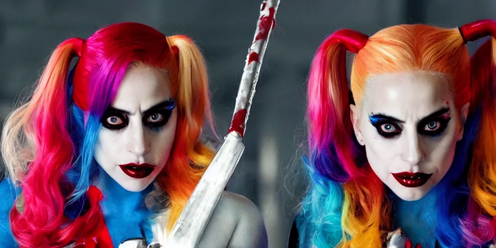 Image similar to movie still of lady gaga as harley quinn great lighting 4k quality