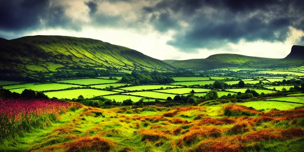 Prompt: beautiful photograph of northern irish landscape, outside, nature light, vibrant, summer, mountainous