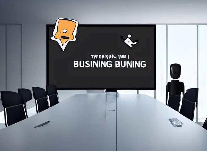 Image similar to A business meeting room. there are ONLY 2 people in the room. the first is a severed human head. flying human head. The head is Hovering with no body. the second person is the room is a Robot. there are no more people in the room.