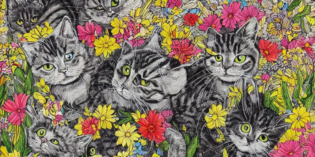 Image similar to detailed intricate ink illustration, a group of cat playing in a garden of flowers, a mix media painting by Sandra Chevrier