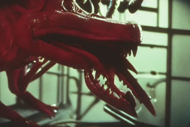 Image similar to peppa the pig as xenomorph from movie alien 1 9 7 9, staying at nostromo spaceship. extreme long shot, cinestill, cold dark colors