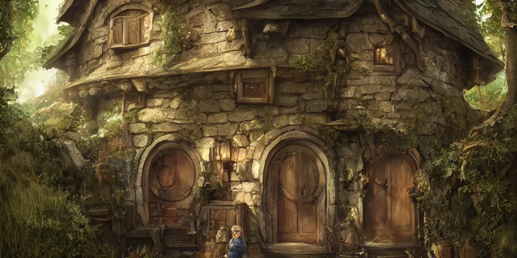 Image similar to The house of the Hobbit Bilbo Baggins, highly detailed, digital painting, artstation, concept art, smooth, sharp focus ilustration, Artstation HQ