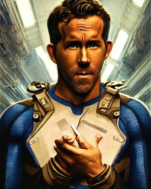 Image similar to ryan reynolds as a black and blue suit spider - man, cinematic, volumetric lighting, f 8 aperture, cinematic eastman 5 3 8 4 film, photorealistic by greg rutkowski, by stanley artgerm, by alphonse mucha