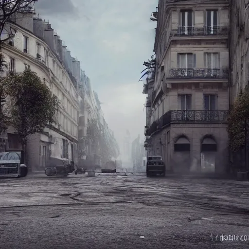 Image similar to post apocalyptic paris,ultra wide, octane render, cinematic, hyper realistic,