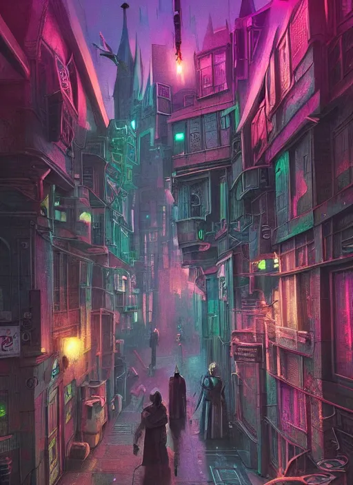 Image similar to harry potter in cyberpunk, hogwarts 2 0 7 7, neon, atmospheric, detailed, detailed illustration, hd, 4 k, digital art, sharp focus, surrealistic, trending on artstation