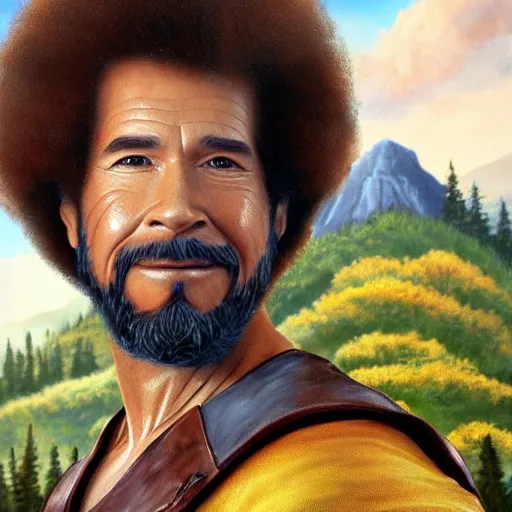 Image similar to a closeup photorealistic photograph of bob ross with a paintbrush, diligently finishing a canvas painting of iron man. mountains and trees. film still. brightly lit scene. this 4 k hd image is trending on artstation, featured on behance, well - rendered, extra crisp, features intricate detail, epic composition and the style of unreal engine.