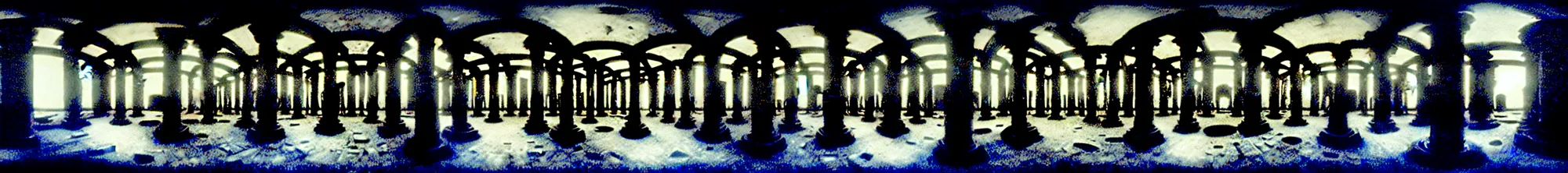 Image similar to photo of an immersive forgotten panopticon well, with columns and destroyed cybernetics from an ancient civilization, photorealistic, higly detailed dark, 3 6 0 picture, panorama, 3 5 mm slide, trending on flickr, in the style of francesca woodman, zachary corzine, zhelong xu, greg rutkowski and anders zorn