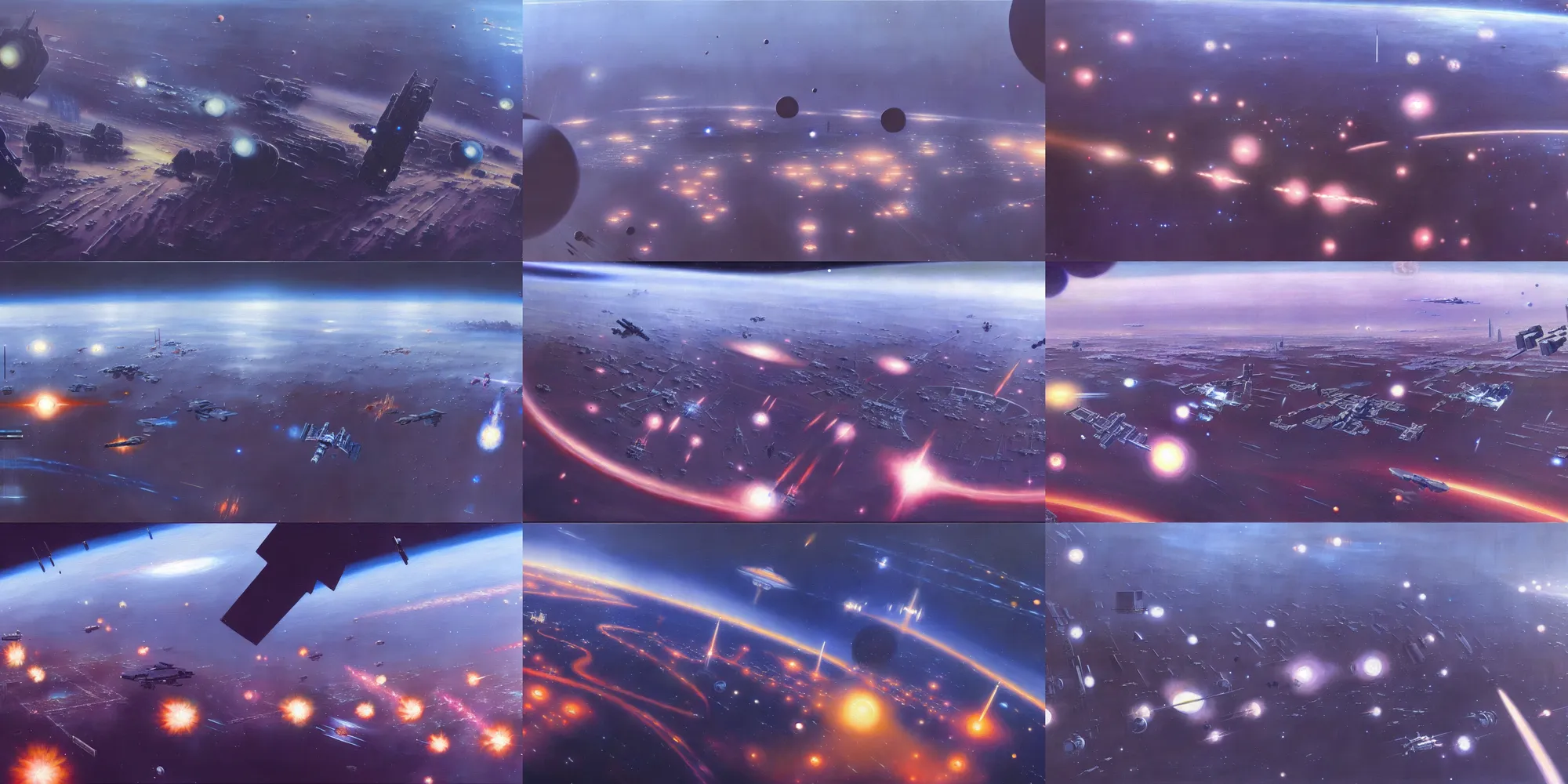 Image similar to a painting of low earth orbit space city under war, by john harris. ultra clear detailed. 8 k