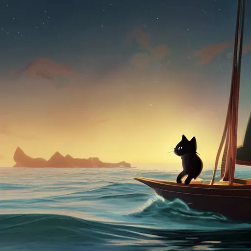 Image similar to a wholesome animation creative key shot of a black cat sailing a boat in the night, full shot, studio ghibli, pixar and disney animation, sharp, rendered in unreal engine 5, anime key art by greg rutkowski, bloom, dramatic lighting