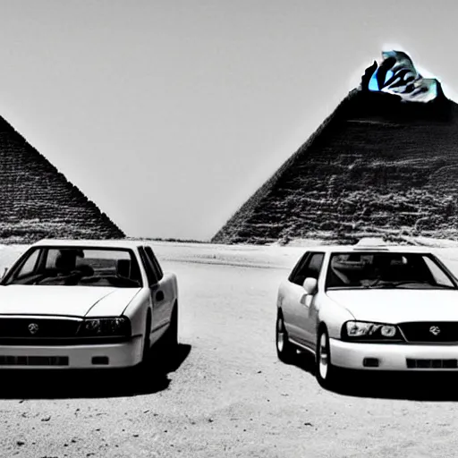 Image similar to vintage photo of nissan skyline r 3 4 near egypt pyramids, grayscale, photorealistic, highres