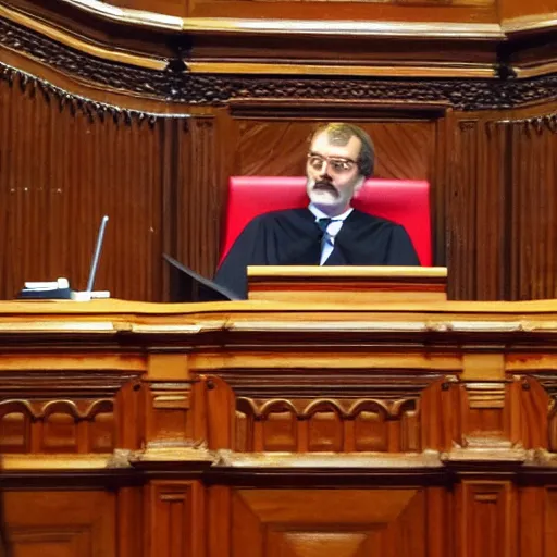 Prompt: satan in the spanish congress of deputies at the speaker's lectern