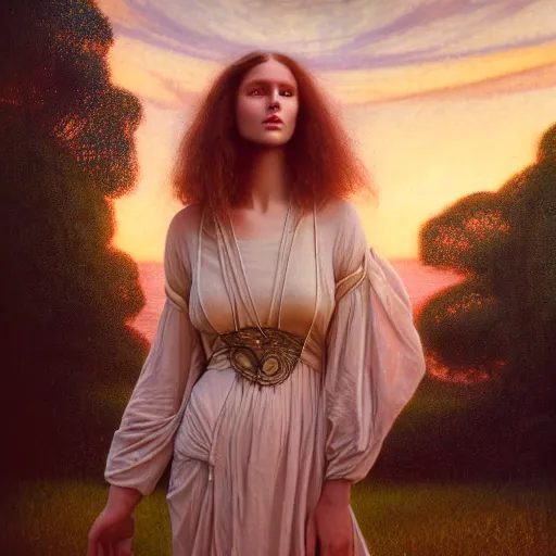 Image similar to photographic portrait of a stunningly beautiful arts and crafts art nouveau secessionist symbolism female in soft dreamy light at sunset, contemporary fashion shoot, by edward robert hughes, annie leibovitz and steve mccurry, david lazar, jimmy nelsson, breathtaking, 8 k resolution, extremely detailed, beautiful, establishing shot, artistic, hyperrealistic, beautiful face, octane render