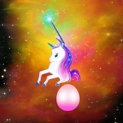 Image similar to a unicorn hatching out of an egg in outer space with rainbow nebula